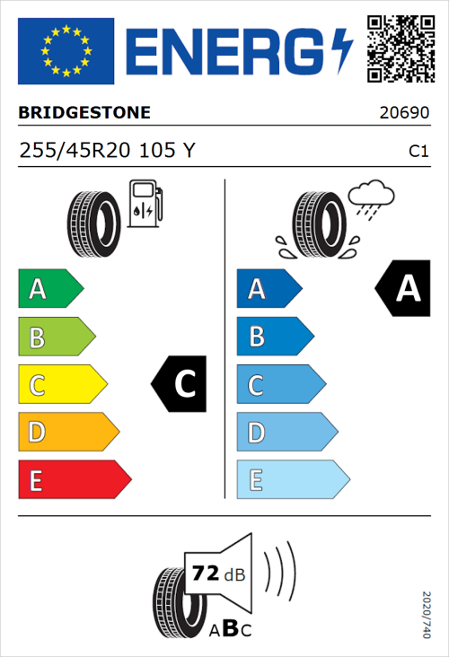 Tyre Label for Bridgestone Potenza Sport 255/45R20 105Y