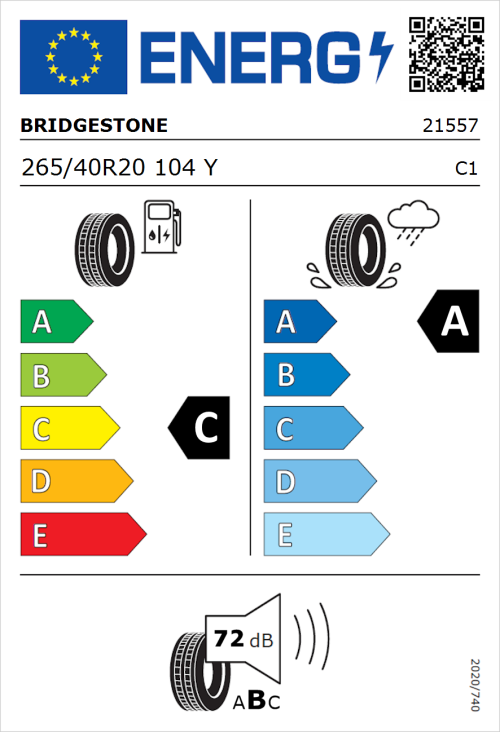 Tyre Label for Bridgestone Potenza Sport 265/40R20 104Y